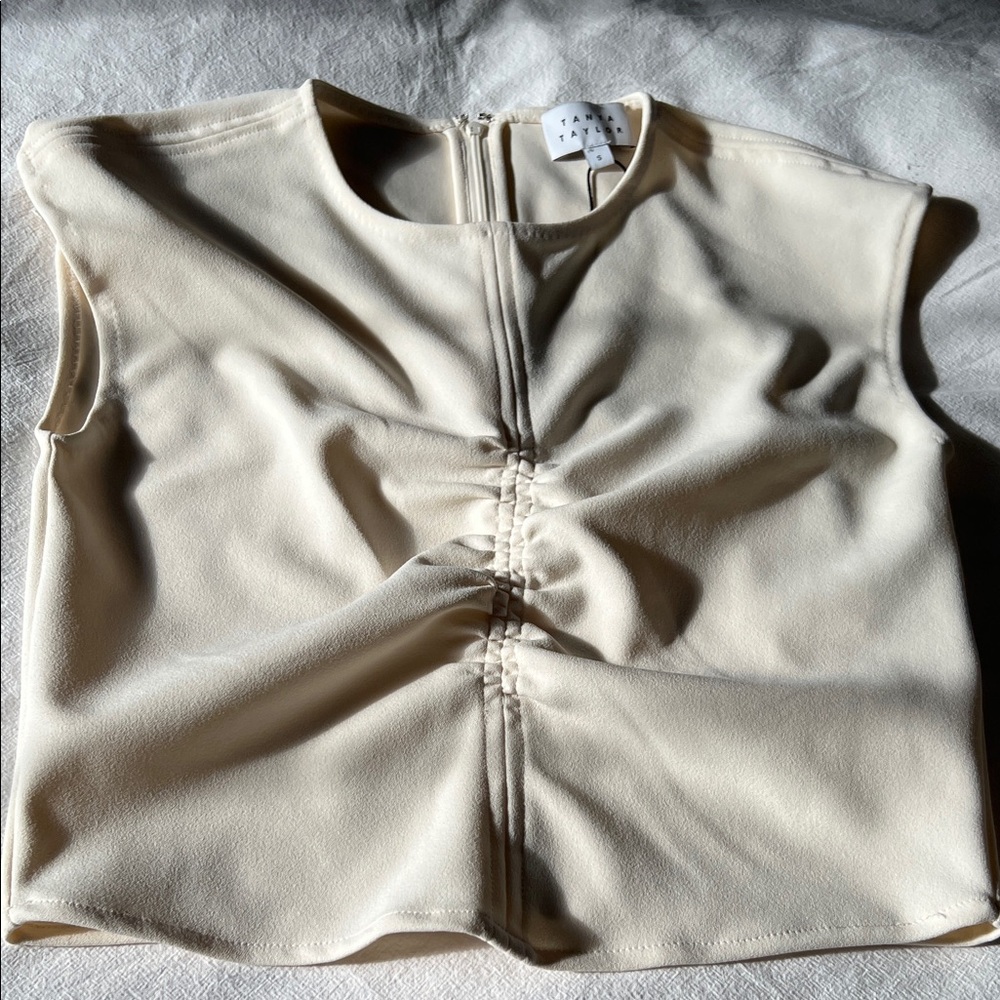 Tanya Taylor Cream Sleeveless Ruched Front Top